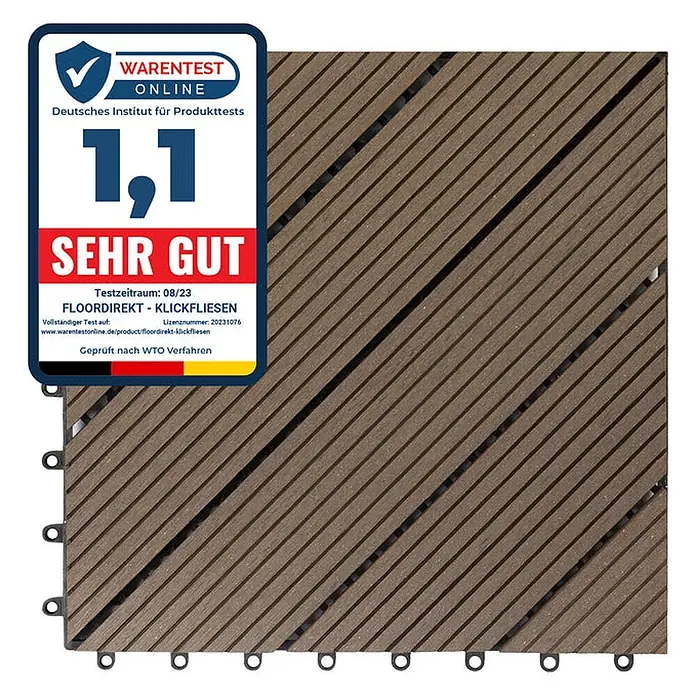Floordirekt Klickfliese WPC Classic Dunkelbraun 30 x 30 cm - 30 x 30 x 2,2 cm, 1 Stk. - Braune Klickfliesen mit diagonalem Lattenmuster und "Sehr Gut" Produkttestsiegel.