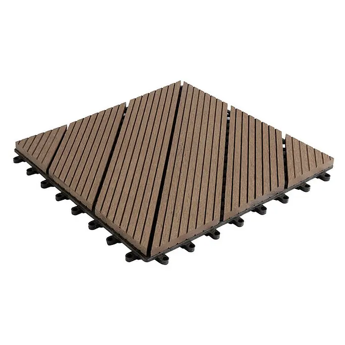 Floordirekt Klickfliese WPC Classic Dunkelbraun 30 x 30 cm - 30 x 30 x 2,2 cm, 1 Stk. - Braune Holzoptik-Terrassenfliese mit diagonalen Lamellen und schwarzer Kunststoffbasis zum Verlegen im Außenbereich.