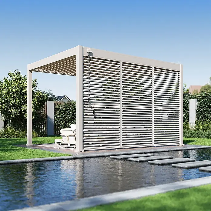 Weide Pergola Seitenwand Lamellenwand Paneel für Weide Pergola Drehbar Sand 113 cm - B x T: 113 x 6 cm, Aluminium - Hellgraue Lamellenpergola. Verstellbare Seiten- und Dachpaneele für den Außenbereich.