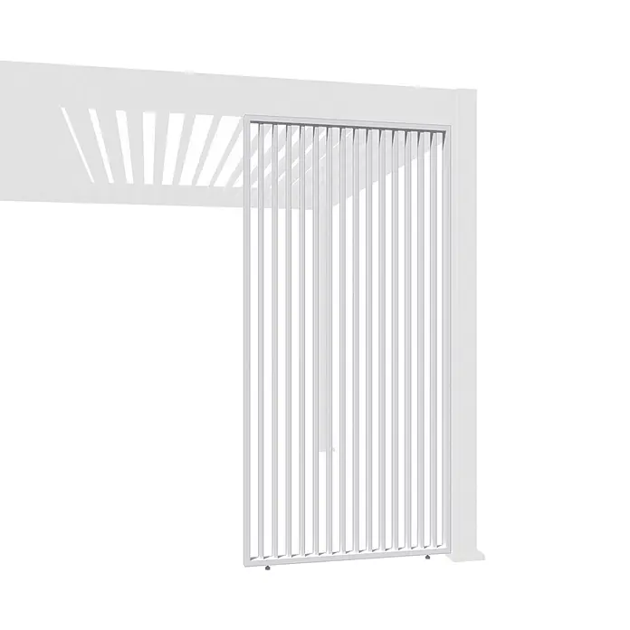 Weide Pergola Seitenwand Lamellenwand Paneel für Weide Pergola Weiß 123 cm - B x T: 123 x 6 cm, Aluminium - Weißer Lamellen-Sichtschutz für Pergola, an einer weißen Pergola-Struktur befestigt.