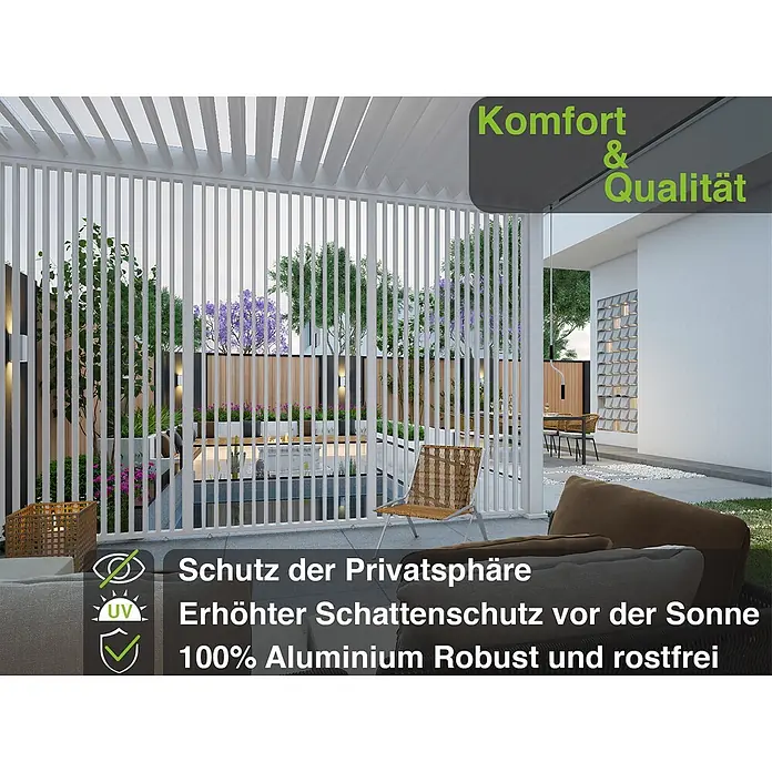 Weide Pergola Seitenwand Lamellenwand Paneel für Weide Pergola Weiß 123 cm - B x T: 123 x 6 cm, Aluminium - Weiße Aluminium-Lamellenpergola bietet Sichtschutz und Schatten für einen Außenbereich.