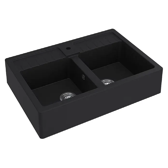 Carea Einbauspüle Timbre - 90 x 63 cm, Schwarz, Anzahl Becken: 2 Stk. - Mattschwarze Doppelspüle mit Abtropffläche und Metallsieben.
