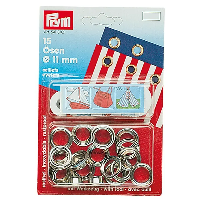 Rundkausche - 11 mm, Messing, Vernickelt, 15 Stk. - Packung Prym Ösen, 15 Stück, rostfrei, für vielfältige Näh- und Bastelprojekte, Durchmesser 11mm, inklusive Werkzeug für einfache Anwendung.