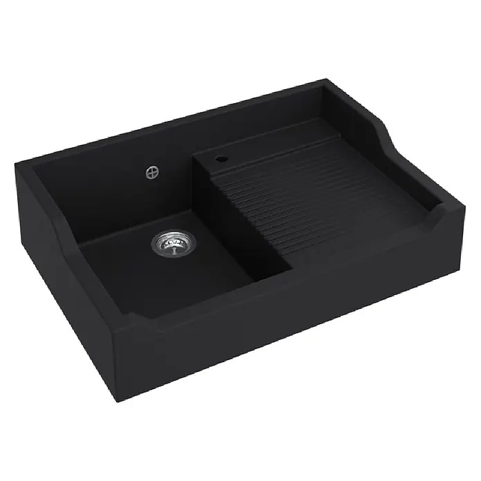 Carea Einbauspüle Timbre - 90 x 61,5 cm, Schwarz, Anzahl Becken: 1 Stk. - Schwarzes Spülbecken mit Einzelbecken und integriertem geripptem Abtropfbereich.