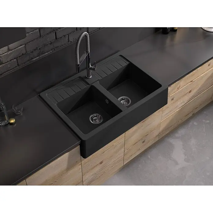Carea Einbauspüle Timbre - 90 x 63 cm, Schwarz, Anzahl Becken: 2 Stk. - Schwarze Doppelspüle mit Abtropffläche, in dunkle Arbeitsplatte integriert.