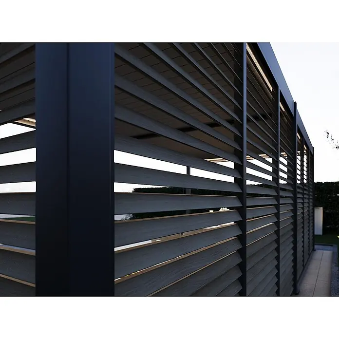 Weide Pergola Seitenwand Lamellenwand Paneel für Weide Pergola Holzoptik 93 cm - B x T: 93 x 6 cm, Aluminium - Moderne dunkelgraue Lamellen-Außenkonstruktion mit schwarzem Rahmen, für Sichtschutz und Schatten.
