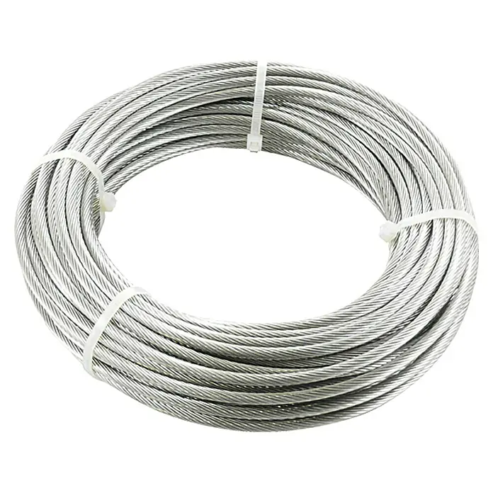 Drahtseil - 3 mm, 1 x 19 Geflecht, A4 Stahl - Eine Rolle silbernes Drahtseil, mit Kabelbindern zusammengehalten, die für verschiedene industrielle und Heimwerkeranwendungen geeignet ist.