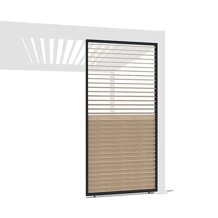 Weide Pergola Seitenwand Lamellenwand Paneel für Weide Pergola Drehbar Holzoptik 113 cm - B x T: 113 x 6 cm, Aluminium - Pergola-Seitenwand mit Holzoptik-Lamellen, oben offen, unten geschlossen, in schwarzem Rahmen und weißer Struktur.