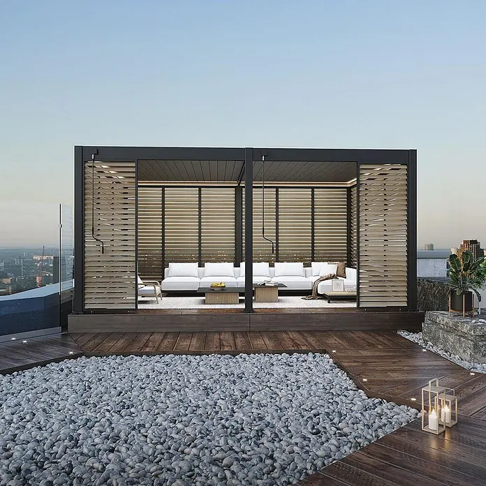 Weide Pergola Seitenwand Lamellenwand Paneel für Weide Pergola Holzoptik 93 cm - B x T: 93 x 6 cm, Aluminium - Moderner dunkelgrauer und holzlamellierter Terrassenpavillon mit weißen Loungesofas auf einer Dachterrasse mit Kieselsteinen.