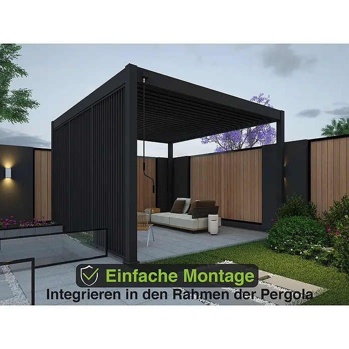 Weide Pergola Seitenwand Lamellenwand Paneel für Weide Pergola Anthrazit 93 cm - B x T: 93 x 6 cm, Aluminium - Moderne schwarze Aluminium-Pergola mit Lamellendach, die einen Sitzbereich im Garten beschattet.