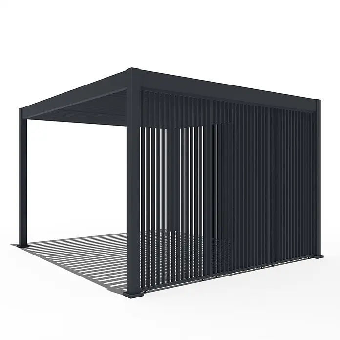 Weide Pergola Seitenwand Lamellenwand Paneel für Weide Pergola Anthrazit 93 cm - B x T: 93 x 6 cm, Aluminium - Anthrazitfarbene Metall-Pergola mit Lamellendach und einer voll lamellierten Seitenwand, die deutliche Schatten wirft.
