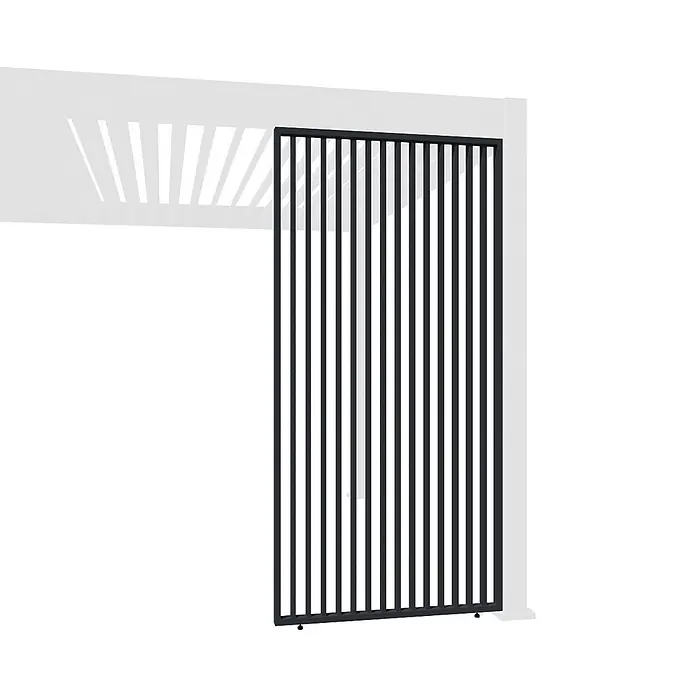 Weide Pergola Seitenwand Lamellenwand Paneel für Weide Pergola Anthrazit 93 cm - B x T: 93 x 6 cm, Aluminium - Schwarzer Lamellen-Sichtschutz als Seitenwand für eine weiße Pergola-Struktur.