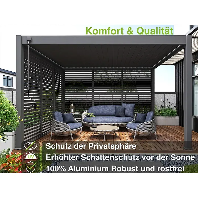 Weide Pergola Seitenwand Lamellenwand Paneel für Weide Pergola Anthrazit 113 cm - B x T: 113 x 6 cm, Aluminium - Dunkelgraue Aluminium-Pergola mit Lamellenwänden, die einen Terrassenbereich mit Möbeln umschließt und Sicht- und Sonnenschutz bietet.