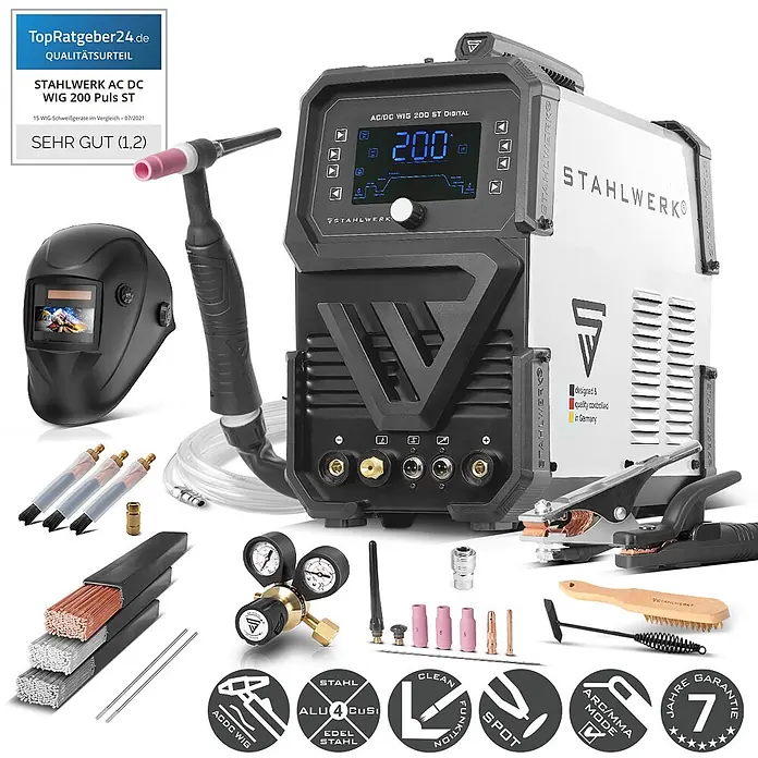 STAHLWERK WIG-Schweißgerät Schweißgerät AC/DC WIG 200 ST Digital Vollausstattung -  - Eine schwarz-weiße STAHLWERK AC DC WIG 200 Puls ST Schweißmaschine mit Digitalanzeige und Zubehör, inklusive Schweißhelm, Brenner und Elektroden.