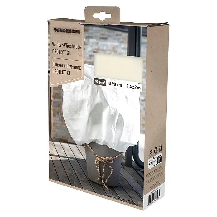 Windhager Winterschutzhaube Protect XL - Vlies, 50 g/m², Durchmesser: 90 cm, L x B: 1,4 x 2 m - Weiße XL Winter-Vlieshaube (50g/m²) schützt Topfpflanze im Freien.