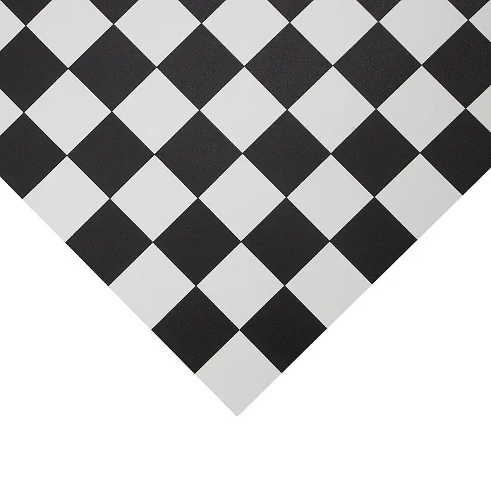 Vinylboden CV-Belag - 1.300 x 100 cm, Damier 019D - Diagonal ausgerichtetes schwarz-weißes Schachbrettmuster.