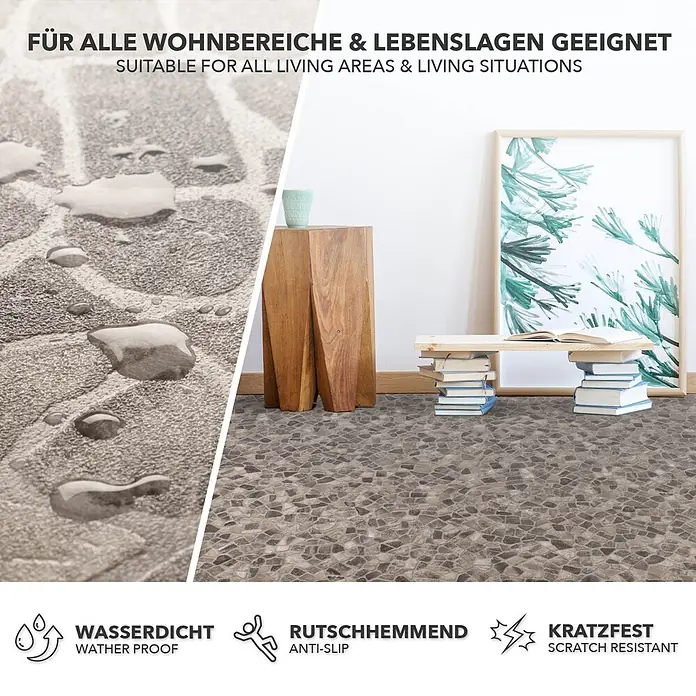 Vinylboden CV-Belag - 800 x 100 cm, Selby 162M - Vinylboden in Mosaiksteinoptik, grau/beige, wasserdicht, rutschhemmend und kratzfest, in einem modernen Wohnraum verlegt.