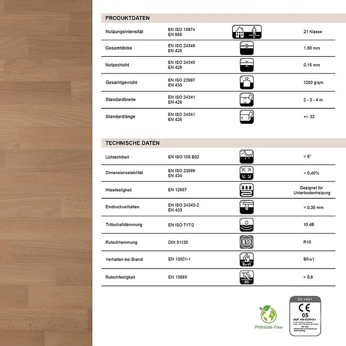 Vinylboden CV-Belag - 600 x 200 cm, Buche-Optik 101S - Technisches Datenblatt mit Spezifikationen für hellbraunen Holzfußboden.