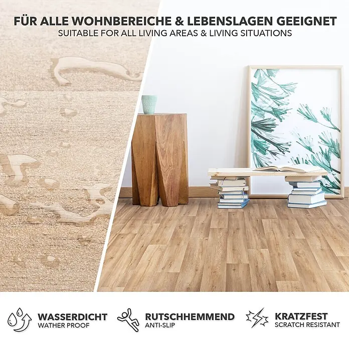Vinylboden CV-Belag - 1.000 x 200 cm, Silk Oak 973M - Heller, wasserdichter, rutschhemmender und kratzfester Boden in Holzoptik im Wohnbereich.
