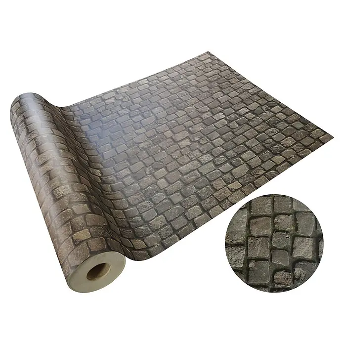 Vinylboden CV-Belag - 50 x 100 cm, Cobble - Rolle selbstklebender Folie mit realistischem grauem Kopfsteinpflaster-Muster. Detailansicht inbegriffen.