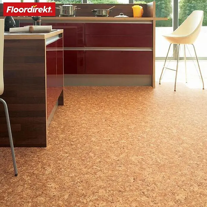 Vinylboden CV-Belag - 1.900 x 200 cm, Kyara 620M - Heller Korkboden mit natürlicher Textur in einer modernen Küche.