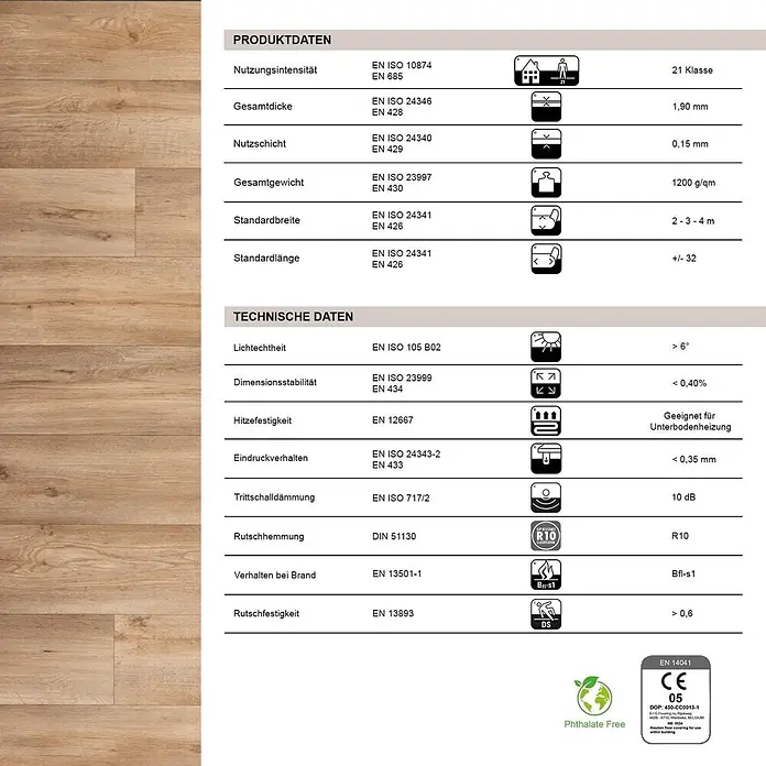 Vinylboden CV-Belag - 1.000 x 200 cm, Silk Oak 973M - Produktdatenblatt für Holzoptik-Bodenbelag.