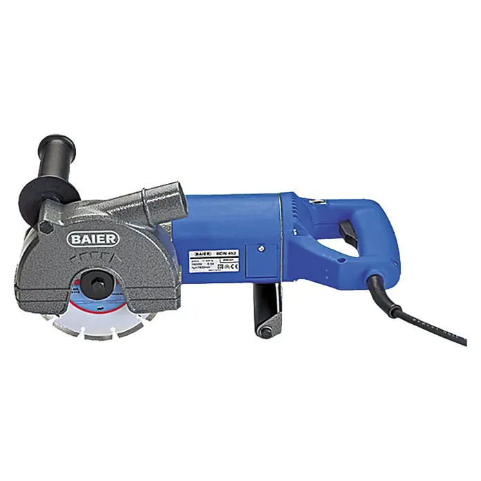 Baier Mauernutfräse BDN 452 - 150 mm - Das Bild zeigt eine Baier RCN 452 Mauernutfräse in Blau und Grau. Das Werkzeug ist für präzise Schnitte in Mauerwerk konzipiert.
