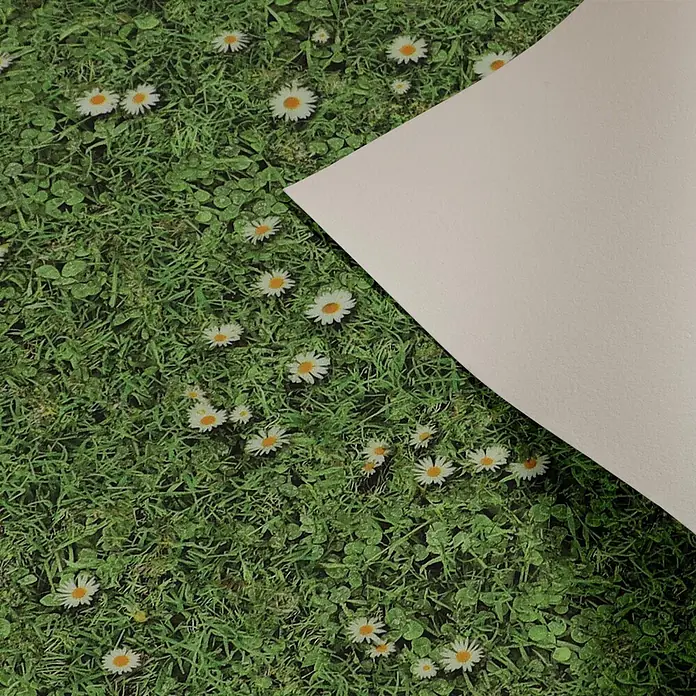 Vinylboden CV-Belag - 1.900 x 200 cm, Daisies - Texturiertes, cremefarbenes Papierblatt, diagonal platziert.