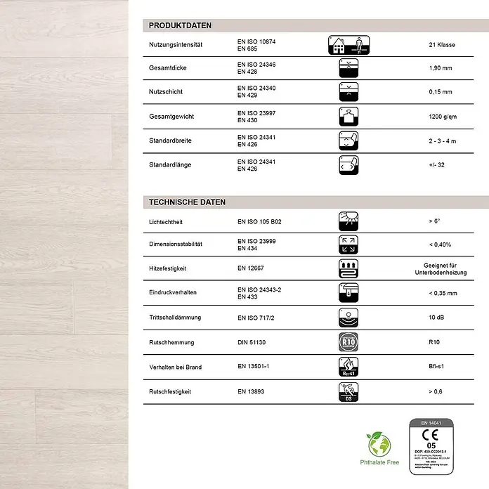 Vinylboden CV-Belag - 1.600 x 100 cm, Pure Oak 009S - Datenblatt für Bodenbelagsprodukt mit technischen Spezifikationen wie Dicke, Gewicht, Rutschfestigkeit, Brandverhalten und Zertifizierungen.
