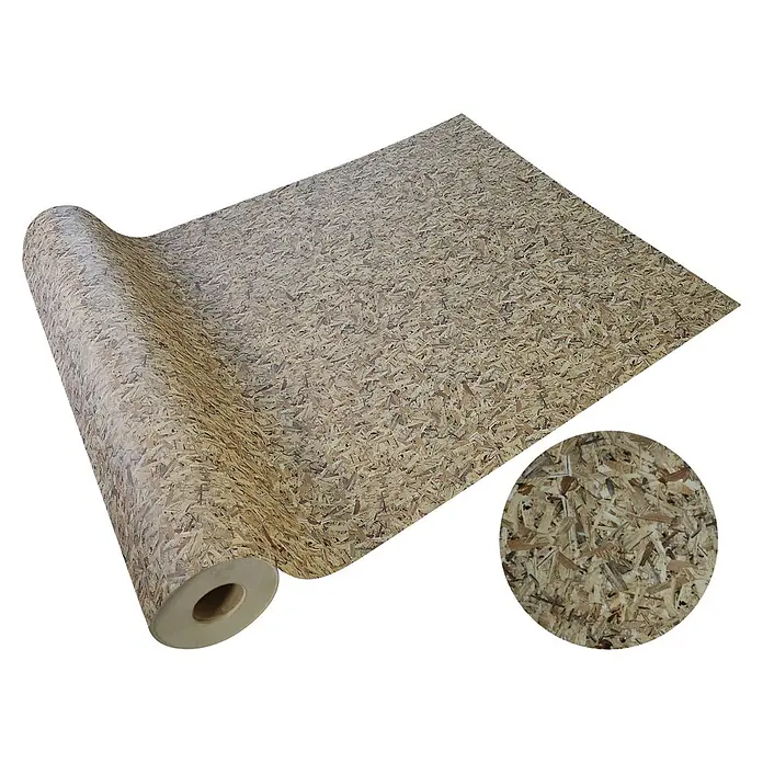 Vinylboden CV-Belag - 350 x 100 cm, OSB - Rolle aus OSB-Muster-Material, teilweise abgerollt, mit kreisförmiger Nahaufnahme der Textur.
