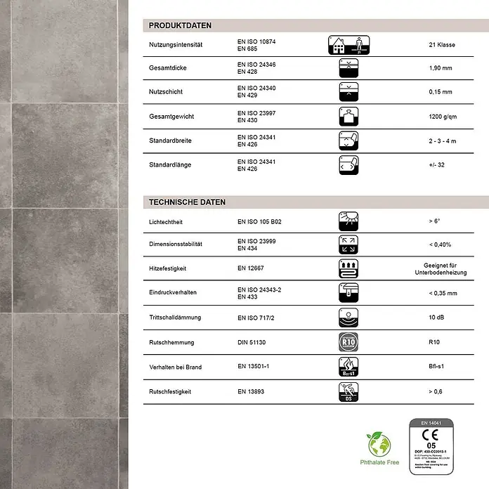 Vinylboden CV-Belag - 600 x 100 cm, Zala 997M - Grauer Fliesenboden mit einer Tabelle der Produkt- und technischen Daten.