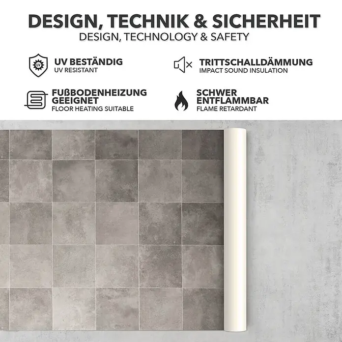 Vinylboden CV-Belag - 600 x 100 cm, Zala 997M - Grau-brauner Fliesenboden, teilweise gerollt, mit UV-Beständigkeit, Trittschalldämmung, für Fußbodenheizung und schwer entflammbar.