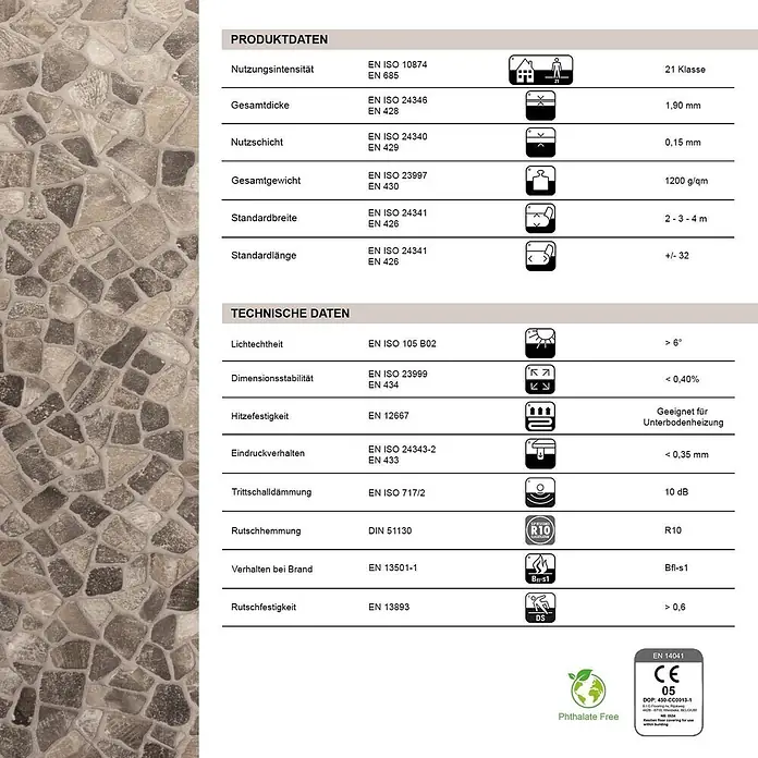 Vinylboden CV-Belag - 800 x 100 cm, Selby 162M - Technisches Datenblatt für Bodenbeläge, zeigt Produktspezifikationen wie Dicke, Gewicht und Zertifizierungen für Nutzung, Brandverhalten und Rutschfestigkeit.