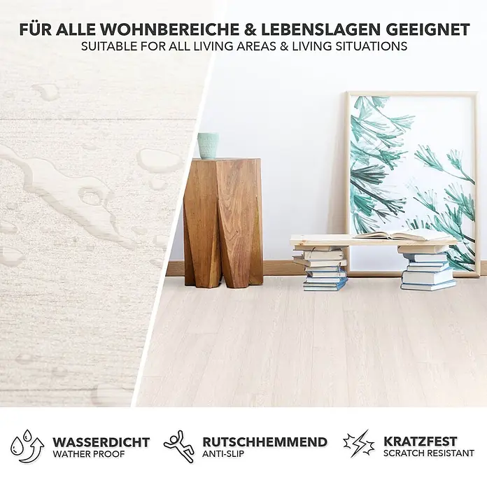 Vinylboden CV-Belag - 1.600 x 100 cm, Pure Oak 009S - Heller Holzboden in Raumeinstellung, zeigt Wasser-, Rutschfestigkeit und Kratzfestigkeit.