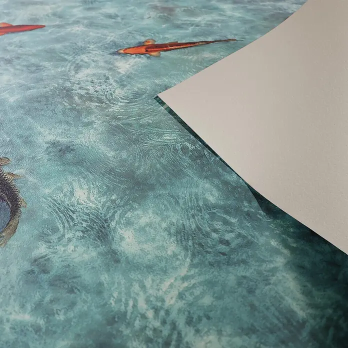 Vinylboden CV-Belag - 1.700 x 200 cm, Koi - Blaugrüne Tapete mit Wasserkräusel- und Koi-Fischmuster. Eine schlichte, cremefarbene Probe bedeckt teilweise das Design.