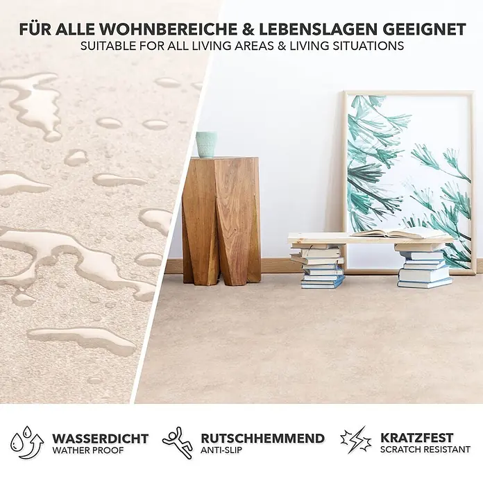Vinylboden CV-Belag - 700 x 100 cm, Midas 139L - Wasserdichter, rutschhemmender und kratzfester beigefarbener Bodenbelag für alle Wohnbereiche, mit Wassertropfen dargestellt.