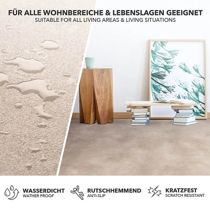 Vinylboden CV-Belag - 700 x 100 cm, Midas 741M - Beiger, strukturierter Bodenbelag mit Wassertropfen und in einer Wohnzimmerszene verlegt, wasserdicht, rutschhemmend und kratzfest.