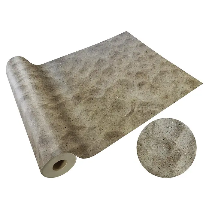 Vinylboden CV-Belag - 1.200 x 200 cm, Sand - Rolle Material mit realistischer Strandsandtextur, inklusive Nahaufnahme. Natürliche Sandfarben und sanfte Wellen.