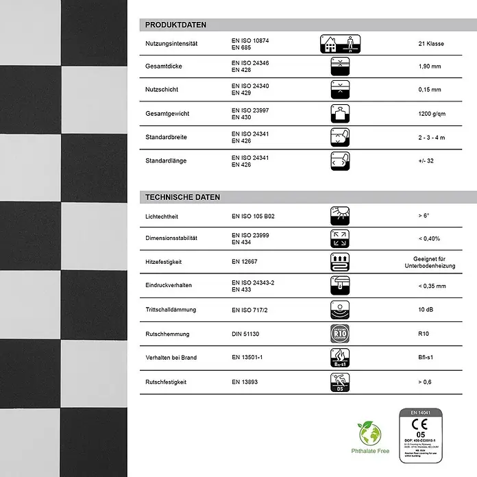 Vinylboden CV-Belag - 1.300 x 100 cm, Damier 019D - Technisches Datenblatt für Bodenbelag: Dicke, Gewicht, Maße, Brandverhalten, Rutschhemmung, CE- und Phthalatfrei-Zertifizierungen.