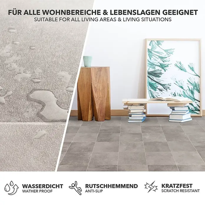 Vinylboden CV-Belag - 600 x 100 cm, Zala 997M - Graue, wasserdichte, rutschhemmende, kratzfeste Bodenfliesen. Nahaufnahme mit Wassertropfen und Fliesen in einem Wohnzimmer.