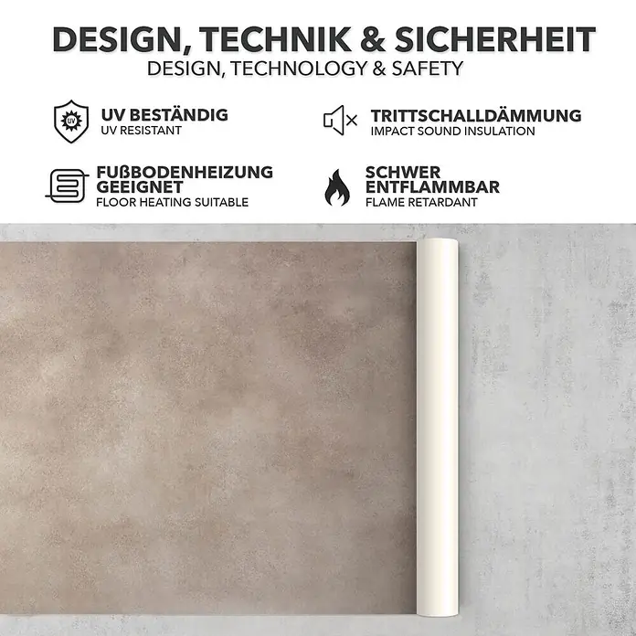 Vinylboden CV-Belag - 700 x 100 cm, Midas 741M - Teilweise ausgerollter beiger Bodenbelag mit feiner Textur.
