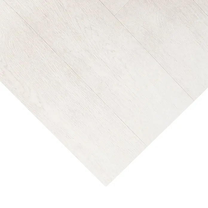 Vinylboden CV-Belag - 1.600 x 100 cm, Pure Oak 009S - Helle weiße Holzoptik-Bodenbretter, diagonal verlegt.