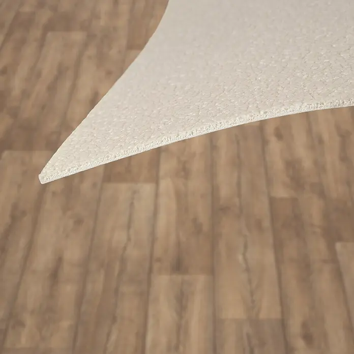 Vinylboden CV-Belag - 500 x 100 cm, Eiche Antik 606M - Cremefarbener, strukturierter Teppich, von Holzboden gehoben, zeigt seine dicke, weiche Unterseite.