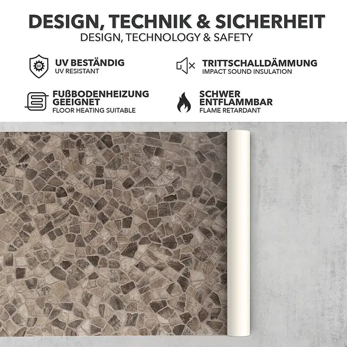 Vinylboden CV-Belag - 800 x 100 cm, Selby 162M - Gerollter Bodenbelag mit vielseitigem braun-grauem Steinmuster, der UV-Beständigkeit und Fußbodenheizungseignung zeigt.