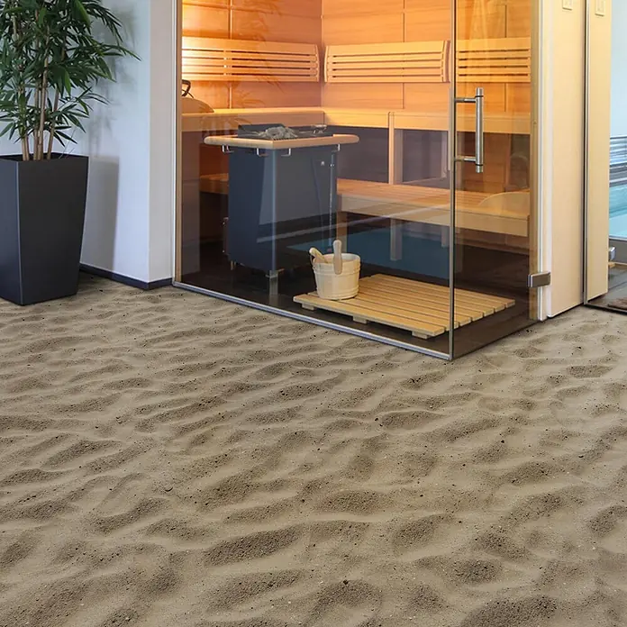 Vinylboden CV-Belag - 1.200 x 200 cm, Sand - Moderne Sauna mit Holzbänken und Glaswänden, auf einem einzigartigen Sandboden.