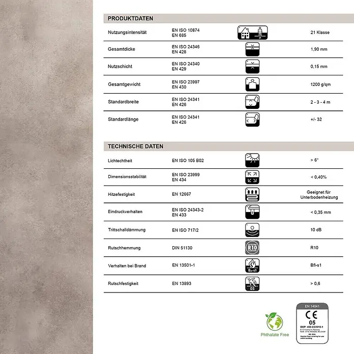 Vinylboden CV-Belag - 700 x 100 cm, Midas 741M - Technisches Datenblatt für einen hellbeigen, elastischen Bodenbelag mit Angaben zu Dicke, Gewicht und Leistungskennzahlen.