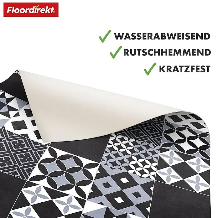 Vinylboden CV-Belag - 150 x 200 cm, Amadora 990D - Bodenmatte mit schwarz-weiß-grauem Mosaikmuster, angehoben, um die einfarbige beige Unterseite zu zeigen.