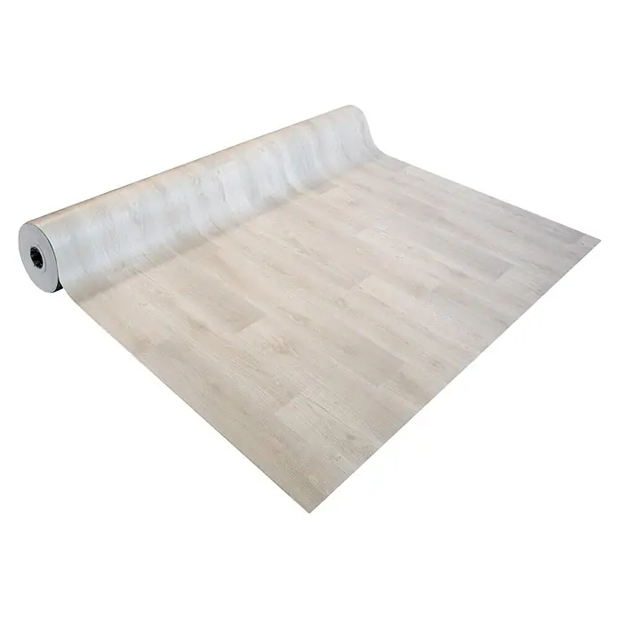 Vinylboden CV-Belag - 1.100 x 100 cm, Albus 3 - Heller, holzgemusterter Bodenbelag, der sich von einer großen Rolle abrollt.