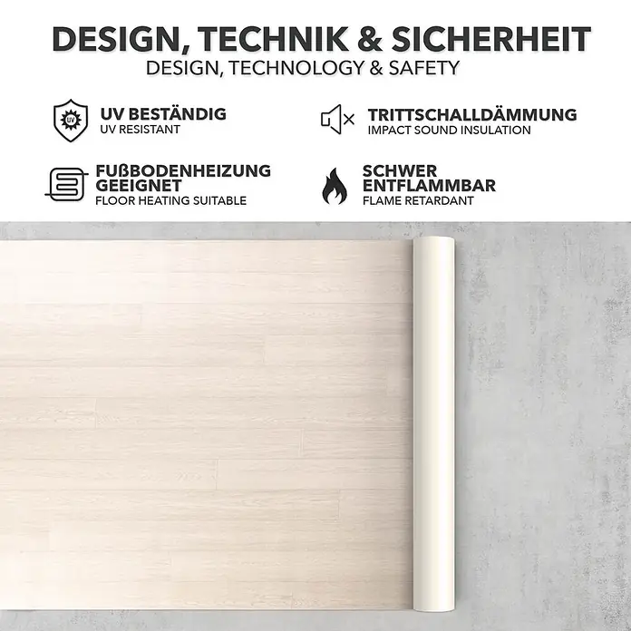 Vinylboden CV-Belag - 1.600 x 100 cm, Pure Oak 009S - Heller Bodenbelag in Holzoptik, teilweise ausgerollt, mit einem gerollten Abschnitt. Zeigt die Textur des Materials.