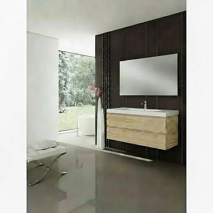 Conjunto de mueble de baño Módena - Nebraska, 3 pzs. - Mueble de baño flotante de madera clara con lavabo blanco y espejo en un baño moderno.
